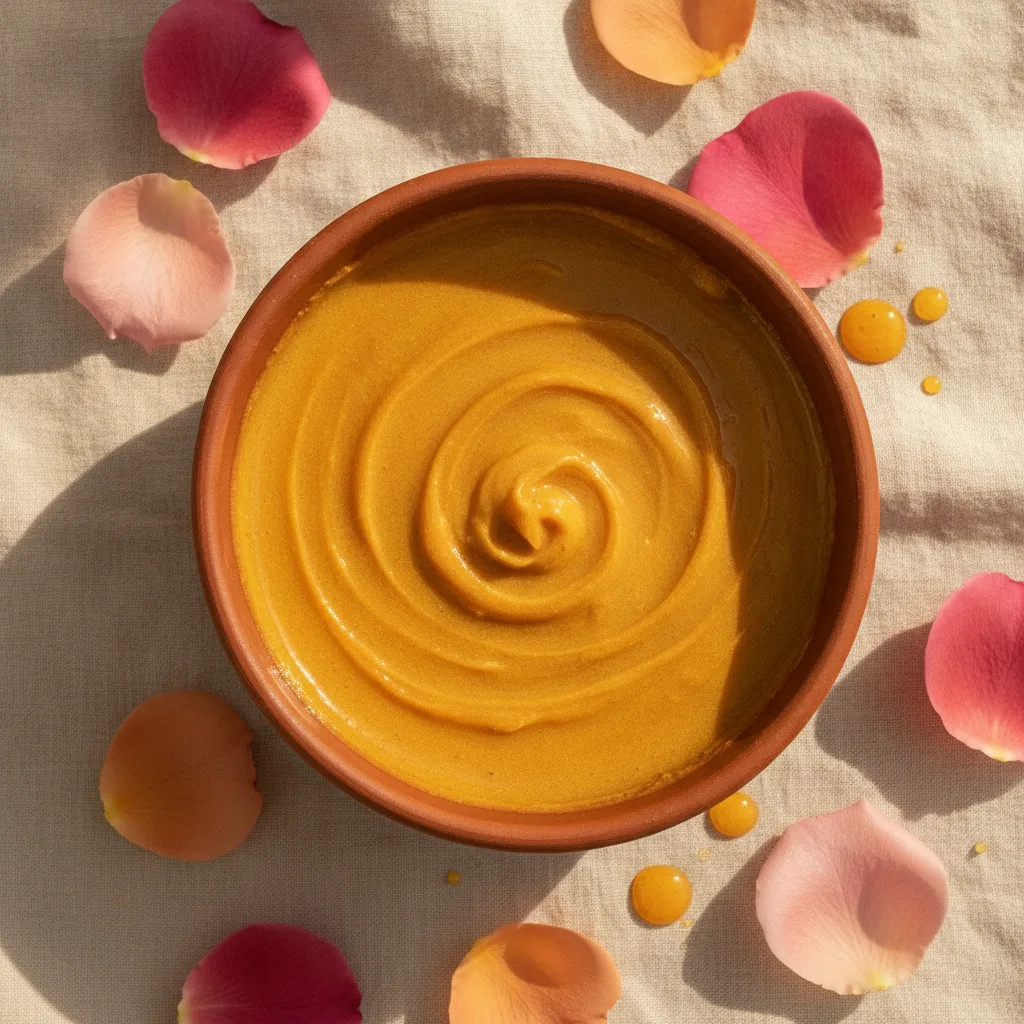 Golden honey mask in a terracotta bowl