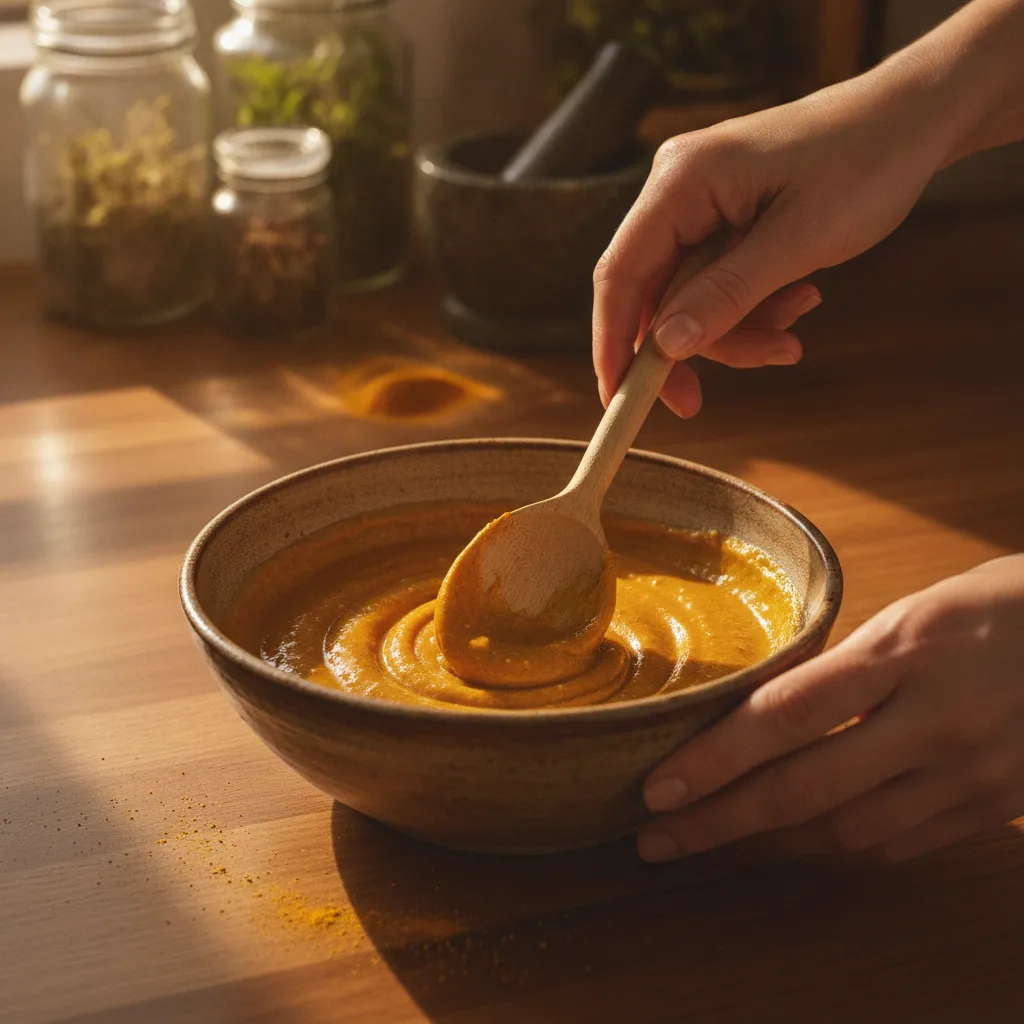 Mixing a honey and turmeric mask